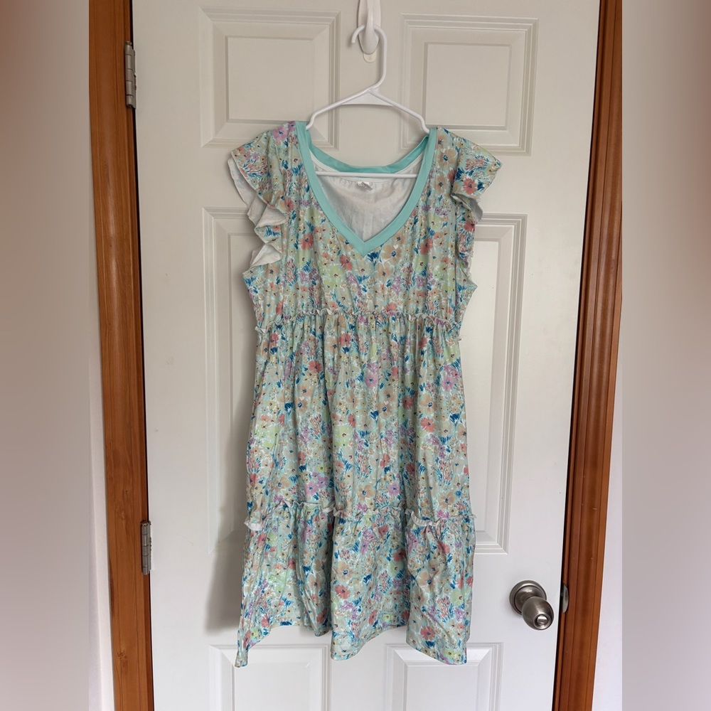 Blue and green ditzy floral V neck Ruffle sleeve dress